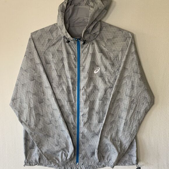 Asics Men Windbreaker Jacket Hood Water Wind Resistant Grey Large Pockets Zipper - Picture 2 of 16
